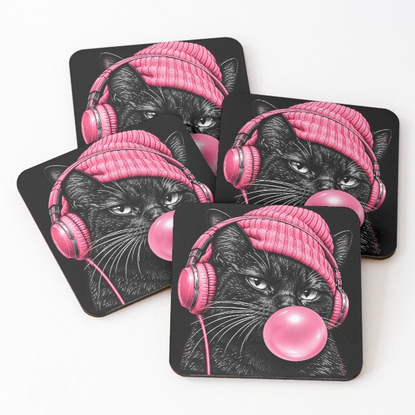 Item preview, Black Cat Blowing Bubble Gum Wearing Beanie and Headphones designed and sold by Morescitaf.