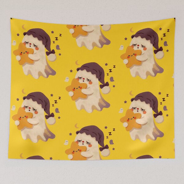 Item preview, Sleepy Little Ghost Holding a Star Pillow Sweet Dreams Halloween Art designed and sold by urmoments.