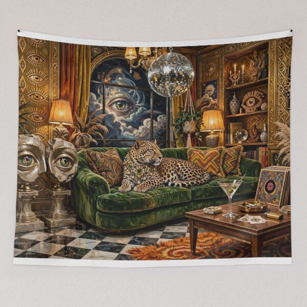 Item preview, Retro 70s Maximalist Surreal Living Room - Leopard on Green Velvet Sofa with Eye Sculptures designed and sold by avyraofficial.