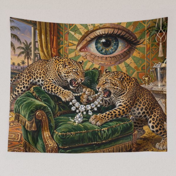 Item preview, Maximalist Surreal 70s Green Living Room with Jeweled Leopard and Eye Sculptures designed and sold by avyraofficial.