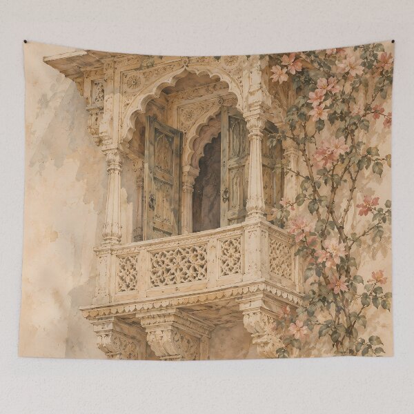 Item preview, Vintage Indian Balcony Watercolour with Bougainvillea Blooms designed and sold by Jozefin's Studio.