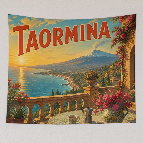 Item preview, Taormina Sicily – Vintage Etna Breakfast Travel Poster designed and sold by LSVart.