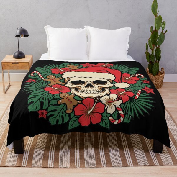 Item preview, Santa Skull Tropical Christmas – Tattoo Style Skull with Hibiscus, Palm Leaves and Gingerbread designed and sold by Osmose-Studio.