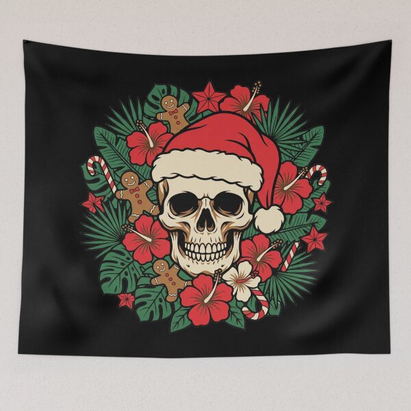 Item preview, Santa Skull Tropical Christmas – Tattoo Style Skull with Hibiscus, Palm Leaves and Gingerbread designed and sold by Osmose-Studio.