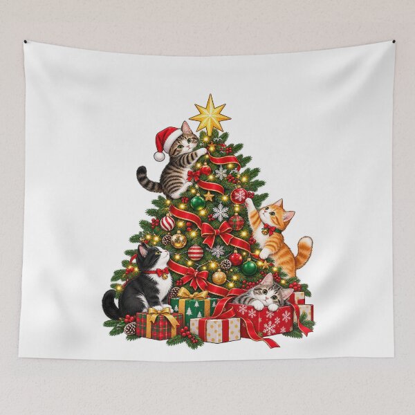 Item preview, Cute Christmas Cats Decorating Tree designed and sold by LandFinStudio.