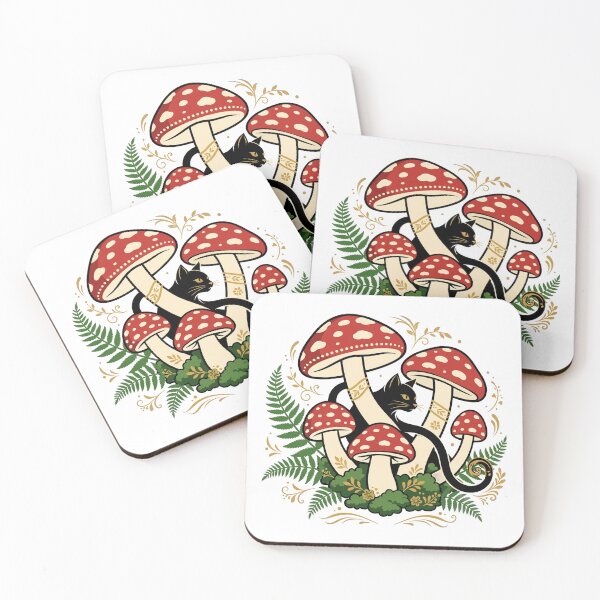 Item preview, Mushroom Cluster Cat | Black Cat in Fly Agaric Mushrooms designed and sold by HexAndHearth.