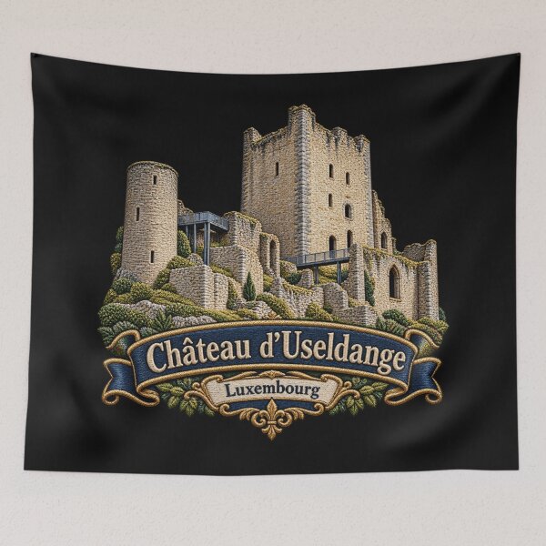 Item preview, Useldange Castle Luxembourg Embroidered Medieval Ruins Art designed and sold by Emoji Emblems.