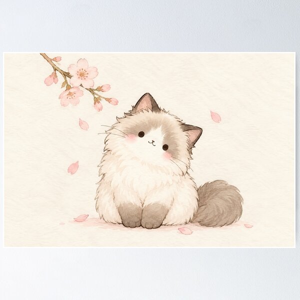 Item preview, Kawaii Ragdoll Cat Beneath Pink Cherry Blossoms with Drifting Sakura Petals designed and sold by AshiraCreations.