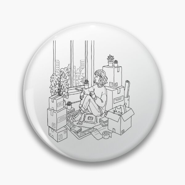 Item preview, Cozy Moving to New Apartment Girl, Aesthetic Lofi Room with Cat Line Art Coloring Page designed and sold by polisi26.