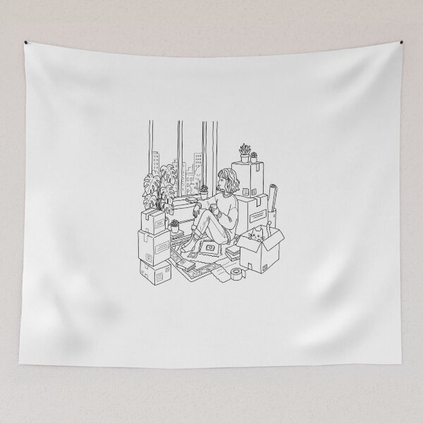 Item preview, Cozy Moving to New Apartment Girl, Aesthetic Lofi Room with Cat Line Art Coloring Page designed and sold by polisi26.