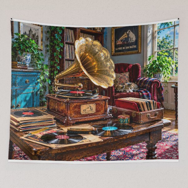 Item preview, Edwardian Gramophone Room with Sleeping Cat designed and sold by AJEvans.