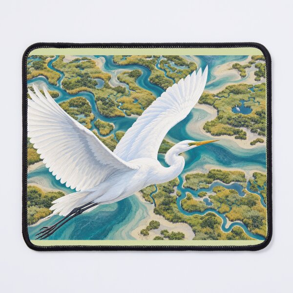 Item preview, Marshland Flight — White Egret Over Turquoise Waters designed and sold by Penbrook Farms.