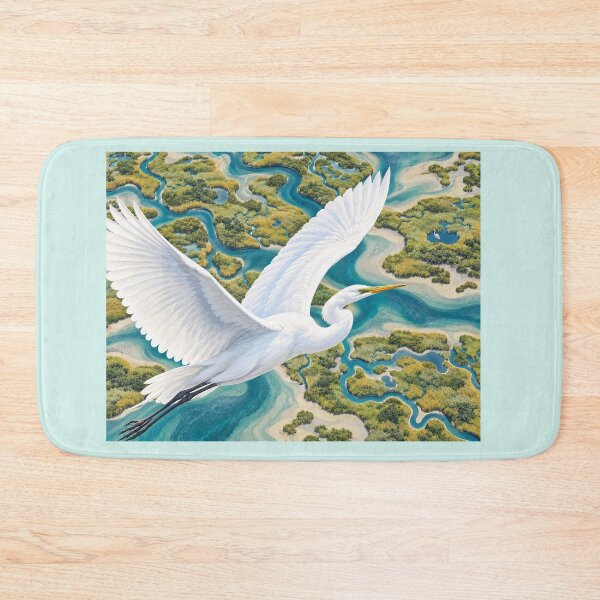 Item preview, Marshland Flight — White Egret Over Turquoise Waters designed and sold by Penbrook Farms.