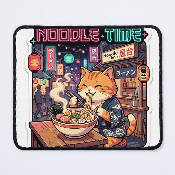 Item preview, Noodle Time Cat Eating Ramen Retro 80s Anime Neon Night Market Sticker designed and sold by RetroVibe Supply.