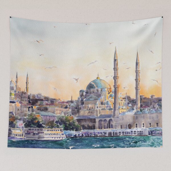 Item preview, hand painted Istanbul skyline sunset watercolour painting  designed and sold by SelenePaintings .