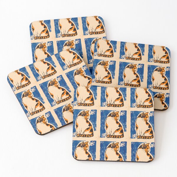 Item preview, Calico Cat Linocut Blue Tile Pattern designed and sold by Fani*.