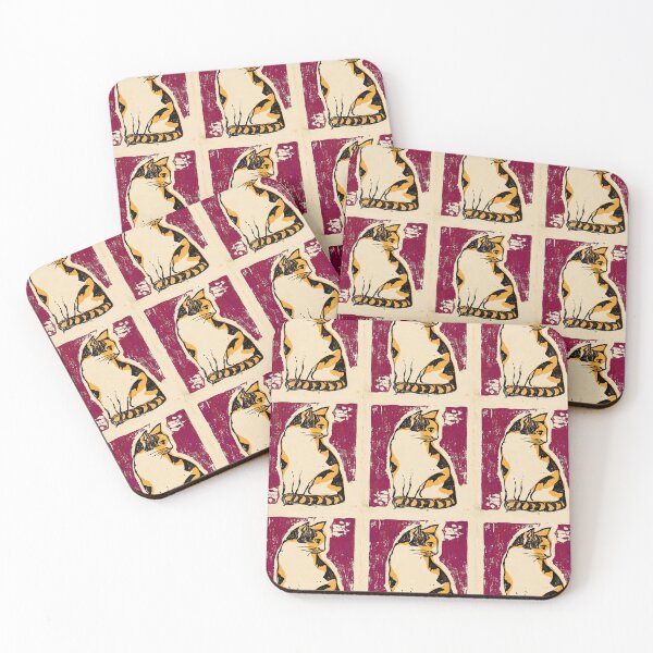 Item preview, Calico Cat Linocut Burgundy Tile Pattern designed and sold by Fani*.