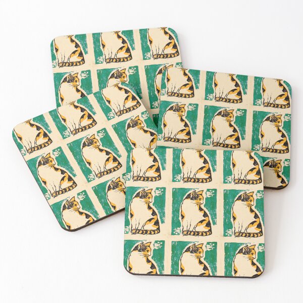 Item preview, Calico Cat Linocut Emerald Tile Pattern designed and sold by Fani*.