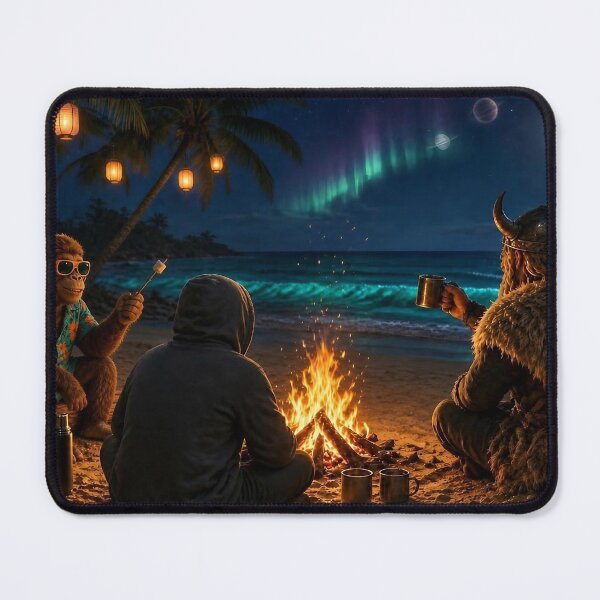 Item preview, Tropical Scandinavian Bonfire - DJ Seldon and a Viking Under the Northern Lights on a Moonlit Beach designed and sold by KGOart.
