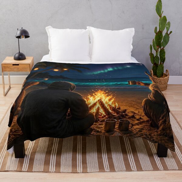 Item preview, Tropical Scandinavian Bonfire - DJ Seldon and a Viking Under the Northern Lights on a Moonlit Beach designed and sold by KGOart.