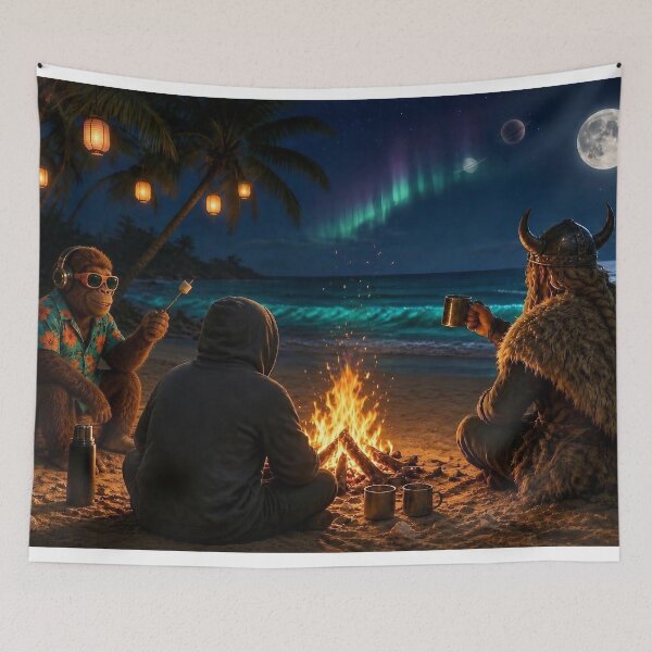 Item preview, Tropical Scandinavian Bonfire - DJ Seldon and a Viking Under the Northern Lights on a Moonlit Beach designed and sold by KGOart.