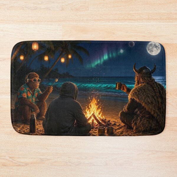 Item preview, Tropical Scandinavian Bonfire - DJ Seldon and a Viking Under the Northern Lights on a Moonlit Beach designed and sold by KGOart.