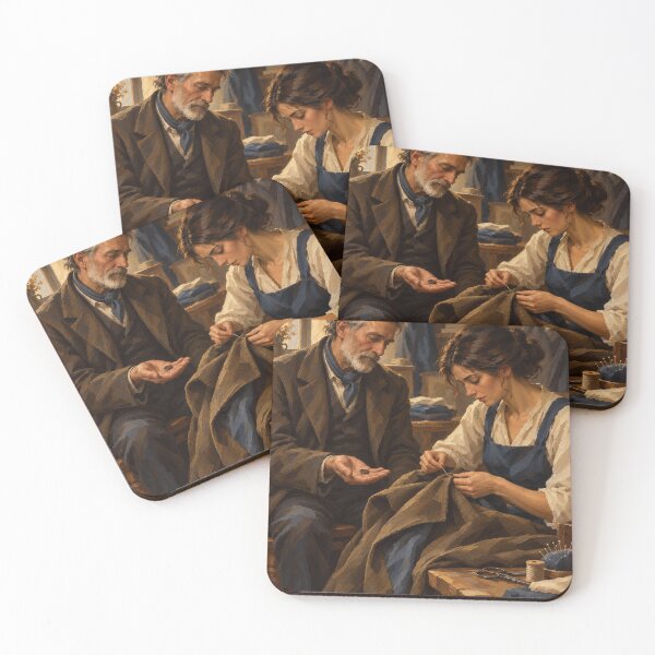 Item preview, The Mended Coat – Tailor Studio Painting, Vintage Style Figurative Art designed and sold by Form & Favour.