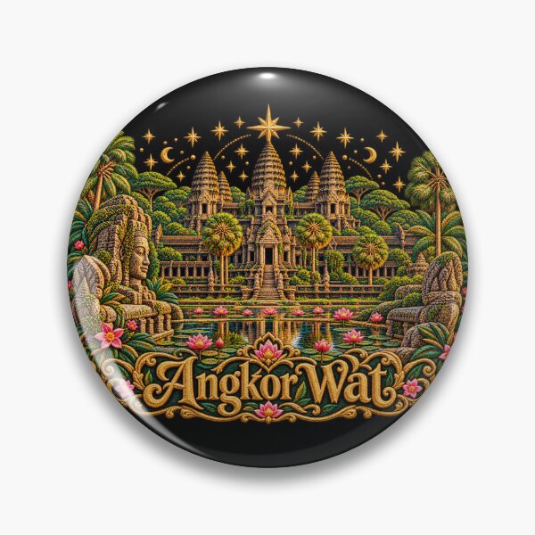 Item preview, Angkor Wat Embroidery Art – Cambodia Temple, Lotus Garden & Golden Stars designed and sold by Emoji Emblems.
