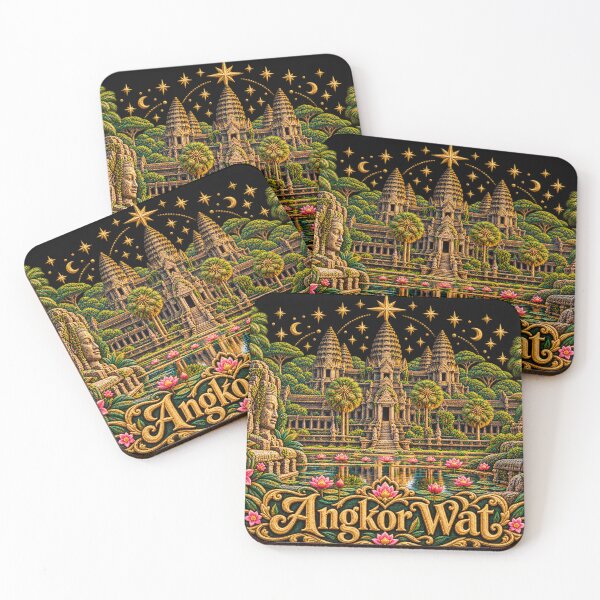 Item preview, Angkor Wat Embroidery Art – Cambodia Temple, Lotus Garden & Golden Stars designed and sold by Emoji Emblems.