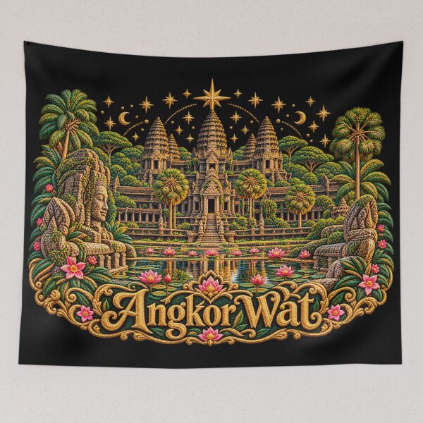 Item preview, Angkor Wat Embroidery Art – Cambodia Temple, Lotus Garden & Golden Stars designed and sold by Emoji Emblems.