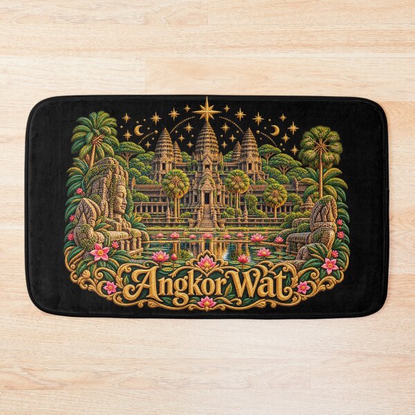 Item preview, Angkor Wat Embroidery Art – Cambodia Temple, Lotus Garden & Golden Stars designed and sold by Emoji Emblems.