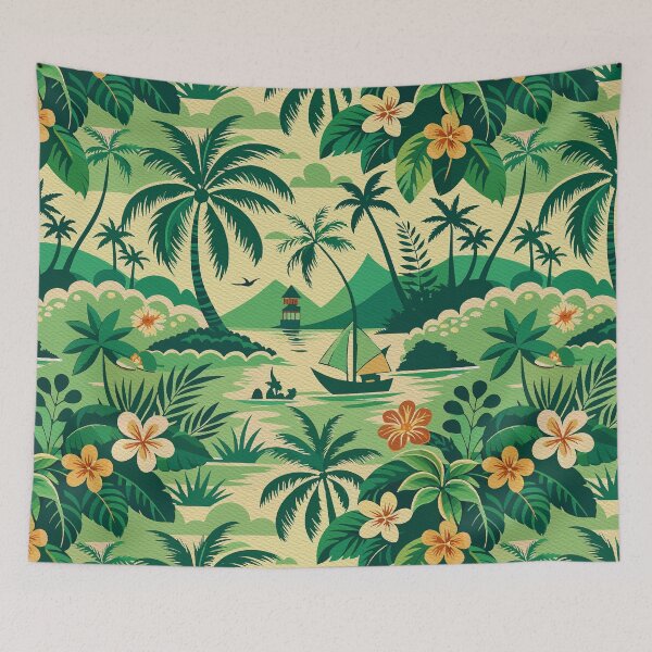 Item preview, Vintage Tropical Hawaiian Pattern with Palm Trees and Island Landscape designed and sold by FemmePod.