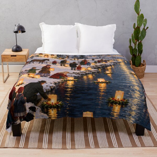 Item preview, Christmas Lanterns on the River Snowy Village Art designed and sold by Amalia Gutyz.