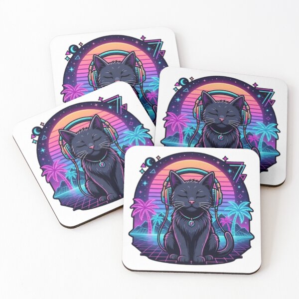 Item preview, Synthwave Black Cat with Headphones Neon designed and sold by PrintforDesign.