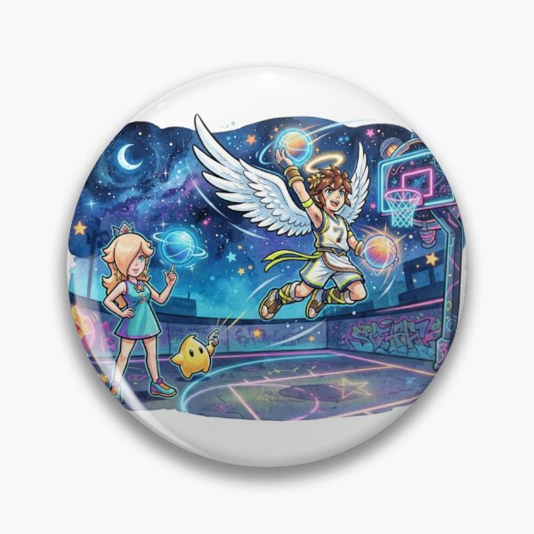 Item preview, Rosalina spinning a glowing basketball while Pit leaps toward a cosmic hoop. designed and sold by gorillazone_co.