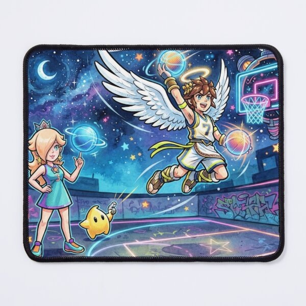 Item preview, Rosalina spinning a glowing basketball while Pit leaps toward a cosmic hoop. designed and sold by gorillazone_co.
