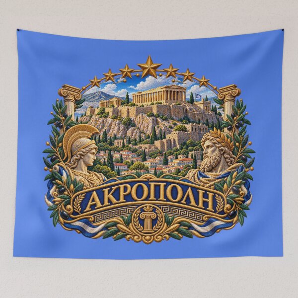 Item preview, Acropolis Athens Embroidery Art – Parthenon, Greek Mythology & Golden Stars designed and sold by Emoji Emblems.