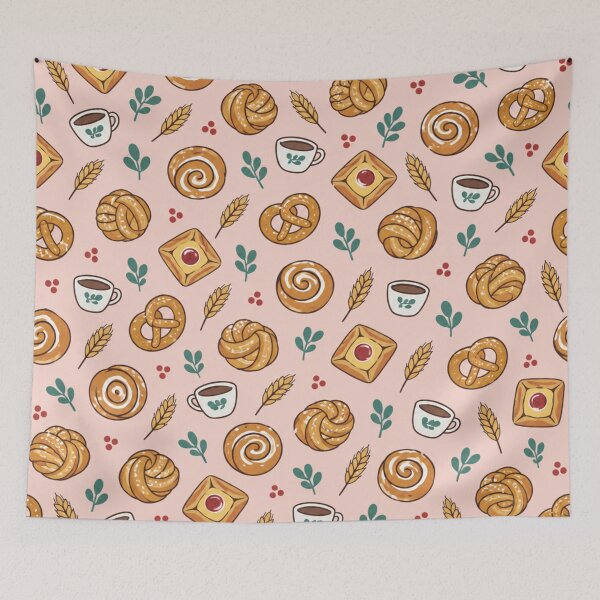 Item preview, Danish Pastry Bakery Pattern | Cinnamon Snails, Custard Danishes and Cardamom Buns on Pink designed and sold by StickyGuys.