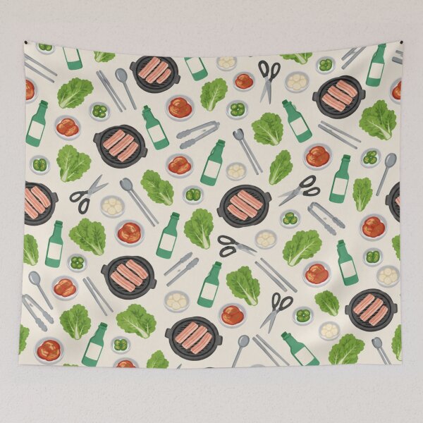 Item preview, Korean BBQ Pattern | Samgyeopsal Grill, Kimchi, Lettuce Wraps and Soju Bottles designed and sold by StickyGuys.