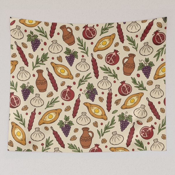 Item preview, Georgian Food Pattern | Khachapuri, Khinkali, Churchkhela and Pomegranates designed and sold by StickyGuys.