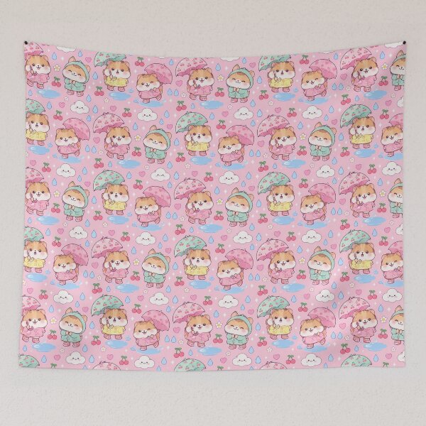 Item preview, Kawaii Rainy Day Hamster with Cherry Rain Boots Pink Pastel Pattern designed and sold by Soft Berry Studio.