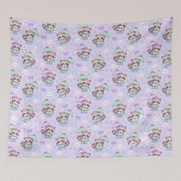 Item preview, Kawaii Rainy Day Raccoon with Star Rain Boots Mint Lavender Pastel Pattern designed and sold by Soft Berry Studio.