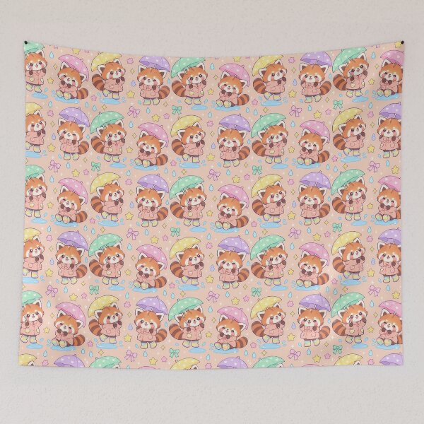 Item preview, Kawaii Rainy Day Red Panda with Rainbow Rain Boots Peach Pastel Pattern designed and sold by Soft Berry Studio.