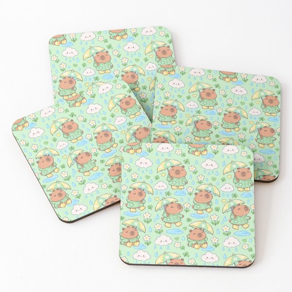 Item preview, Kawaii Rainy Day Capybara with Daisy Rain Boots Mint Green Pastel Pattern designed and sold by Soft Berry Studio.