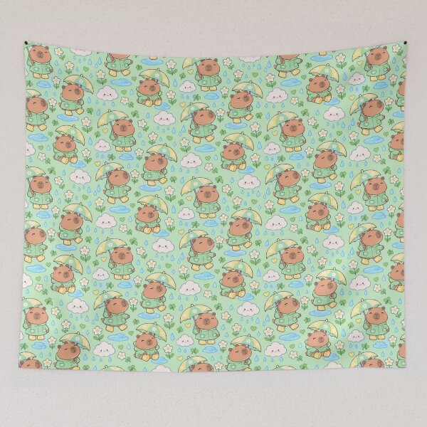 Item preview, Kawaii Rainy Day Capybara with Daisy Rain Boots Mint Green Pastel Pattern designed and sold by Soft Berry Studio.