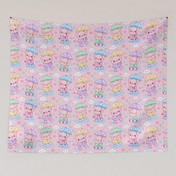 Artikelvorschau, Kawaii Regentag Ferkel mit Herz Regenstiefeln Pastellmuster entworfen und verkauft von Soft Berry Studio.