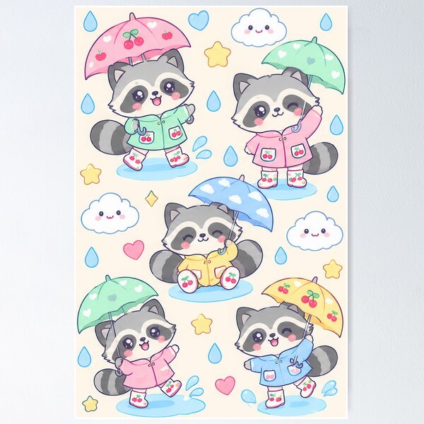 Item preview, Kawaii Rainy Day Raccoon with Cherry Rain Boots Cute Pastel Pattern designed and sold by Soft Berry Studio.