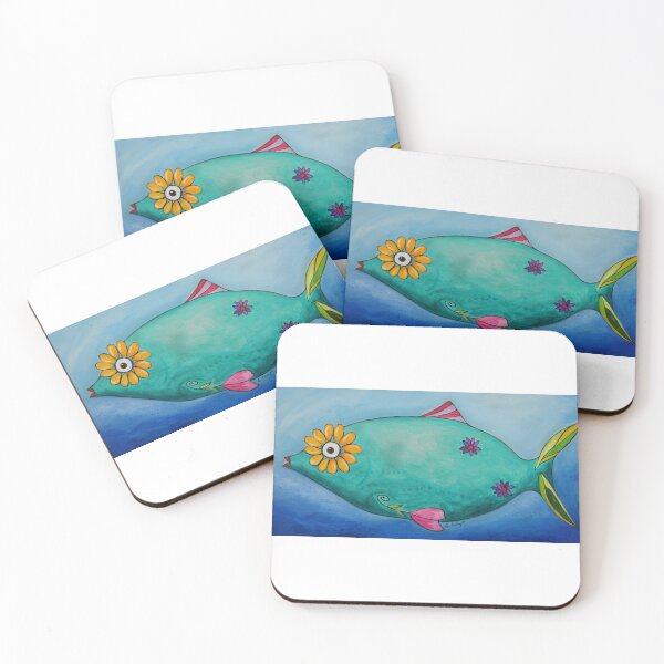 Item preview, Tropical Aqua Blue Flower Fish Art Beach Print From Painting designed and sold by Sharon Cummings Art.