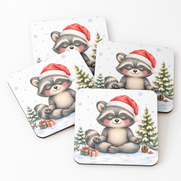 Item preview, Christmas Yoga Raccoon – Peaceful Santa Hat Meditation in Snow designed and sold by YogiAnimalArt.