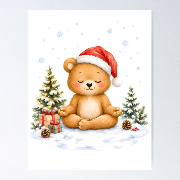 Item preview, Christmas Yoga Bear – Snowy Lotus Pose with Santa Hat designed and sold by YogiAnimalArt.